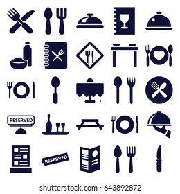 Dining icons set. set of 25 dining filled icons such as spoon and fork, plate fork and spoon, restaurant table, dish, knife, restaurant, menu, reserved, dish serving