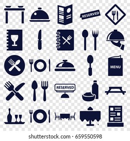 Dining icons set. set of 25 dining filled icons such as spoon and fork, plate fork and spoon, restaurant table, dish, knife, restaurant, menu, reserved, dish serving