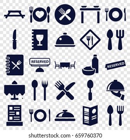 Dining icons set. set of 25 dining filled icons such as spoon and fork, plate fork and spoon, restaurant table, dish, knife, restaurant, menu, reserved, dish serving