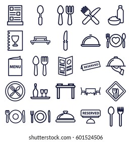dining icons set. Set of 25 dining outline icons such as spoon and fork, plate fork and spoon, dish, knife, restaurant, menu, reserved, dish serving, restaurant table