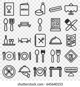 Dining icons set. set of 25 dining outline icons such as spoon and fork, plate fork and spoon, restaurant table, dish, restaurant, menu, reserved, dish serving