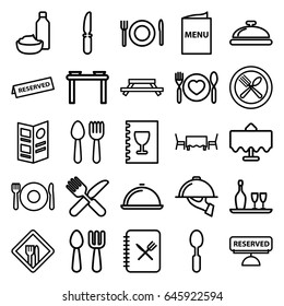 Dining icons set. set of 25 dining outline icons such as spoon and fork, plate fork and spoon, restaurant table, dish, knife, restaurant, menu, reserved, dish serving