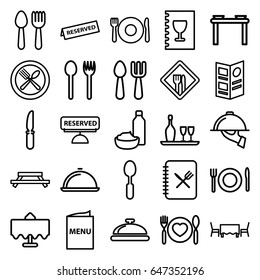 Dining icons set. set of 25 dining outline icons such as spoon and fork, plate fork and spoon, restaurant table, dish, knife, restaurant, menu, reserved, dish serving