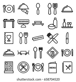 Dining icons set. set of 25 dining outline icons such as spoon and fork, plate fork and spoon, dish, knife, restaurant, menu, reserved, dish serving, restaurant table