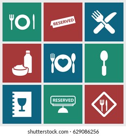 Dining icons set. set of 9 dining filled icons such as drink and food, fork and knife, spoon, restaurant, menu