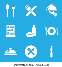 Dining icons set. set of 9 dining filled icons such as plate fork and spoon, dish, drink and food, knife, menu