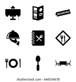 Dining icons set. set of 9 dining filled icons such as restaurant table, spoon, plate fork and spoon, restaurant, menu, reserved