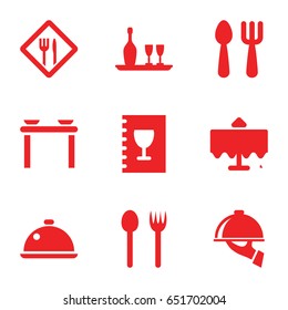 Dining icons set. set of 9 dining filled icons such as restaurant table, fork and spoon, dish, wine bottle and glass, restaurant, menu, dish serving
