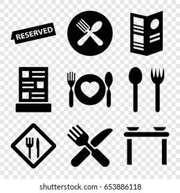 Dining icons set. set of 9 dining filled icons such as fork and knife, spoon and fork, restaurant, menu