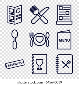 Dining icons set. set of 9 dining outline icons such as fork and knife, spoon, plate with spoon and fork, menu