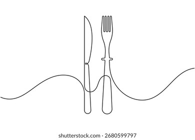 Dining knife and fork continuous one line drawing minimalist table spoon outline vector illustration