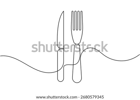 Dining knife and fork continuous one line drawing minimalist table spoon outline vector illustration