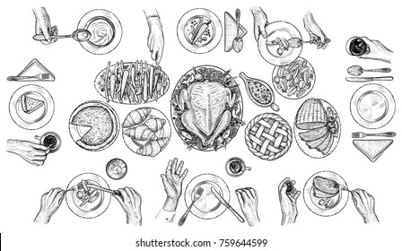 Dining people  vector illustration  Top table view drawing  Festive traditional dinner scene  Feast and turkey  vegetables  cranberry sauce  pie  ham  Hands and cutlery at the table setting 