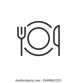 Dining plate with fork and knife, linear icon. Tableware for festive meal or event. Line with editable stroke.