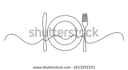 Dining plate, spoon, fork, knife in one continuous line drawing vector illustration