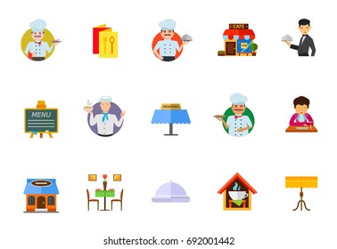 Dining in restaurant icon set