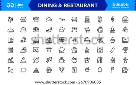 Dining and restaurant line icon set with clean, editable, pixel-perfect vector icons. Ideal for modern culinary, hospitality, food service, and cafe themes.