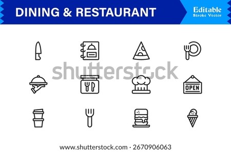 Dining and restaurant line icon set with clean, editable, pixel-perfect vector icons. Ideal for modern culinary, hospitality, food service, and cafe themes.