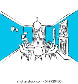 Dining room Antique planning sketch, Blue Series, Hand-drawn Vector Artwork