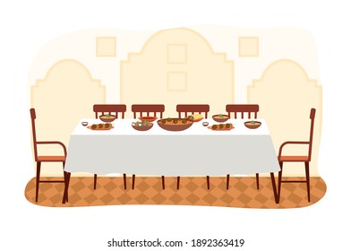 The dining room in arabic style flat vector illustration. Dining table with falafel and hummus. Furniture model for the interior of a room with Arabic elements. Arrangement of furniture at home