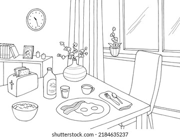 Dining room breakfast home interior graphic black white sketch illustration vector 