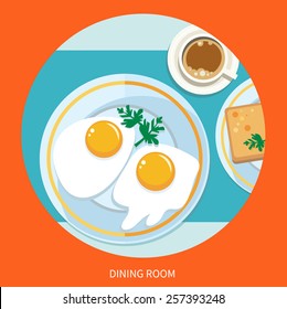 Dining room. Breakfast top view. Coffee, fried egg, waffles. Morning breakfast menu in cartoon style