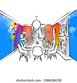 dining room colorful drawing concept, hand-drawn vector illustration