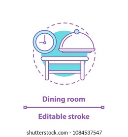 Dining room concept icon. Dinner time idea thin line illustration. Tray with lid, table and chairs. Vector isolated outline drawing. Editable stroke