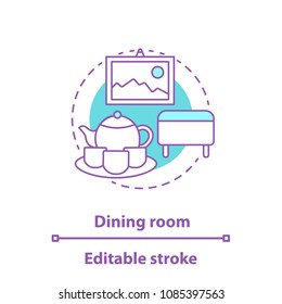 Dining room concept icon. Interior design idea thin line illustration. Tea set, wall picture, ottoman. Vector isolated outline drawing. Editable stroke