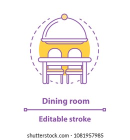 Dining room concept icon. Time to eat idea thin line illustration. Tray with lid, table and chairs. Vector isolated outline drawing. Editable stroke