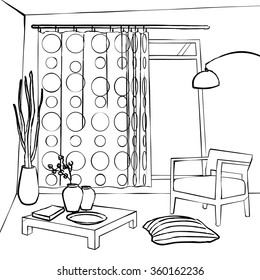 The Dining Room Curtains, Simple Interior Sketch