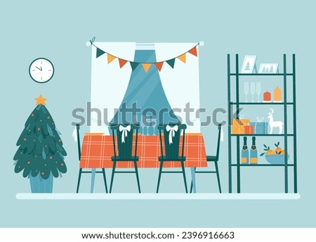 Dining room decorated for Christmas. Table, chairs, shelves, spruce, dishes. There are dishes for the holiday on the table. Flat vector illustration.