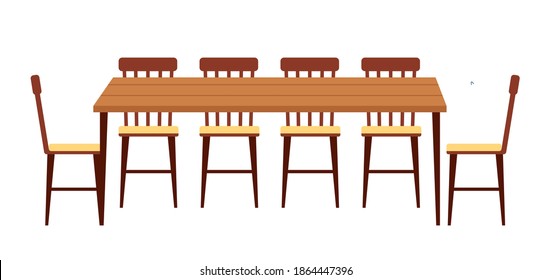 The dining room design flat vector illustration. Wooden dining table with chairs nearby. Furniture model made of wood for the interior of a room for eating. Arrangement of furniture at home