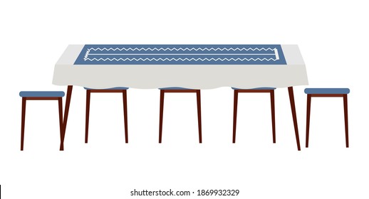 El diseño de la sala de restaurante ilustra un vector plano. Mesa con manteles azules y sillas cerca. Modelo de mobiliario para el interior de una sala de descanso. Disposición del mobiliario azul oscuro en casa