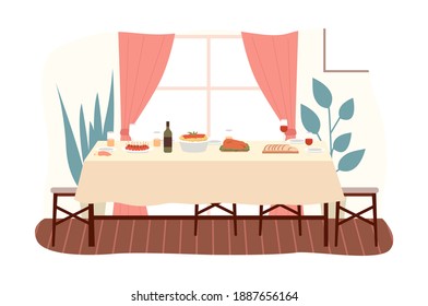 The dining room design flat vector illustration. Dining table with food and chairs nearby. Furniture model for the interior of a room for dinner eating and spending time. Arrangement of furniture at