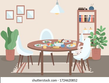 Dining room flat color vector illustration. Table with chair and food on plates. Spot for family meal. Shelves near potted plants. Livingroom 2D cartoon interior with furniture on background