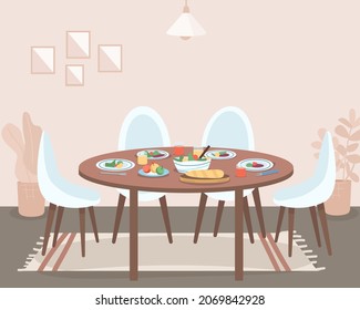 Dining room flat color vector illustration. Preparation for family gathering. Consuming food. Birthday celebration. Eating place furniture 2D cartoon interior with cozy atmosphere on background