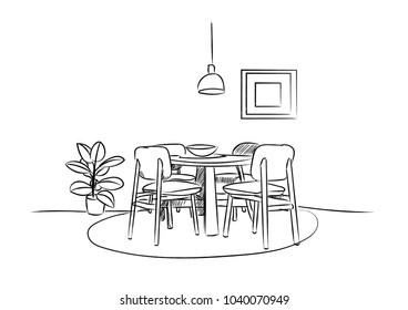 Dining Room Hand Drawn Sketch. Interior Design Vector Illustration.