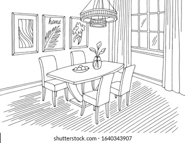 Dining room home interior graphic black white sketch illustration vector