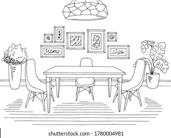Dining room home interior graphic black white sketch illustration vector