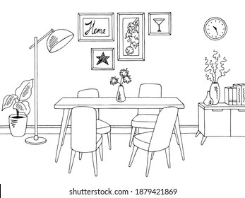 Comedor interior interior gráfico blanco negro ilustración vector 