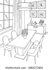 Dining room home interior graphic black white vertical sketch illustration vector 