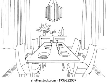 Dining room home interior graphic black white sketch illustration vector 