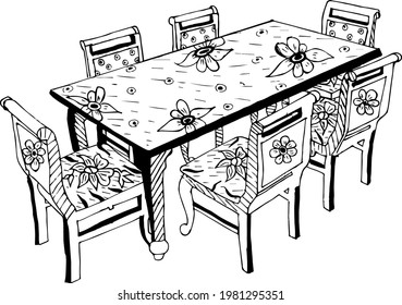 Dining room home interior graphic black white sketch illustration vector with creative floral pattern and texture design isolated on white background.