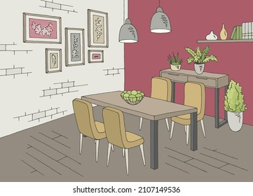 Dining Room Home Interior Graphic Color Sketch Illustration Vector 