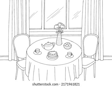 Dining room home interior graphic black white sketch illustration vector 