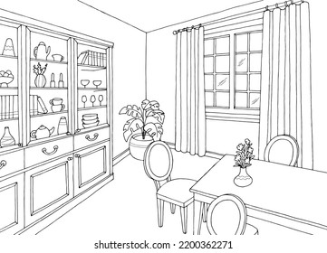 Dining room home interior graphic black white sketch illustration vector 