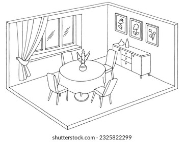 Comedor interior interior gráfico negro blanco aislado ilustración vector 