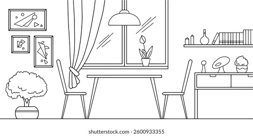 Dining room home interior graphic black white sketch illustration vector 