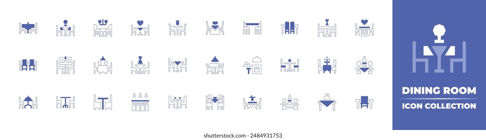 Colección de iconos de comedor. Trazo de línea de estilo duotono y negrita. Ilustración vectorial. Conteniendo mesa, mesa de cena, silla, restaurante, mesa de comedor, cocina, comedor, cena romántica, fecha.